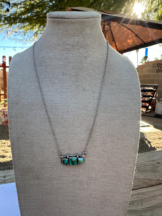 Beautiful Handmade Sterling Silver & Sonoran Mountain Turquoise 3 Stone Bar Necklace