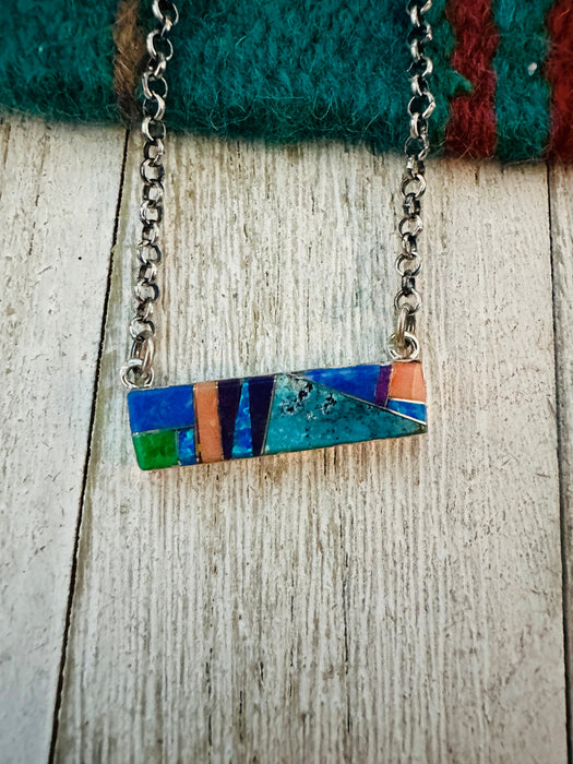 Navajo Multi Stone & Sterling Silver Inlay Bar Necklace