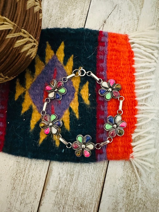 Zuni Multicolor Opal & Sterling Silver Flower Link Bracelet