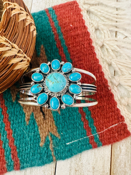 Navajo Kingman Turquoise & Sterling Silver Cluster Cuff Bracelet