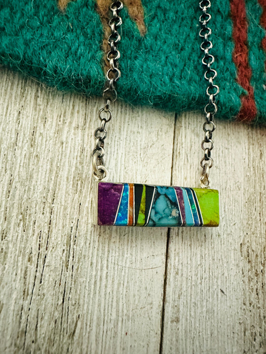 Navajo Multi Stone & Sterling Silver Inlay Bar Necklace