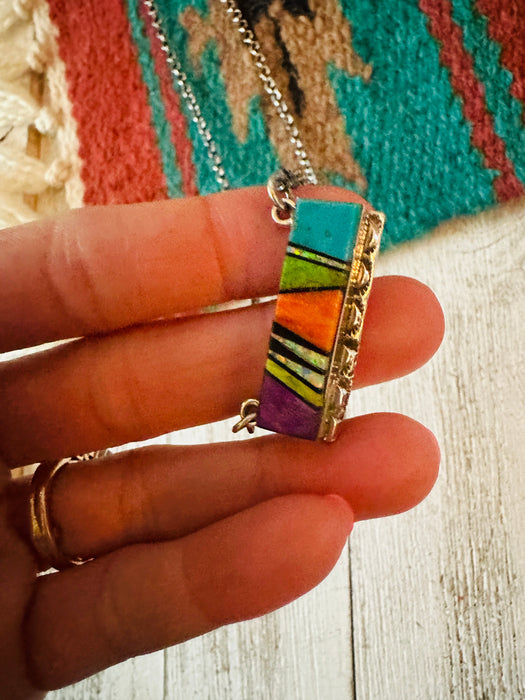 Navajo Multi Stone & Sterling Silver Inlay Bar Necklace