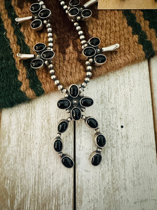 Navajo Sterling Silver & Onyx Beaded Squash Blossom Necklace Set