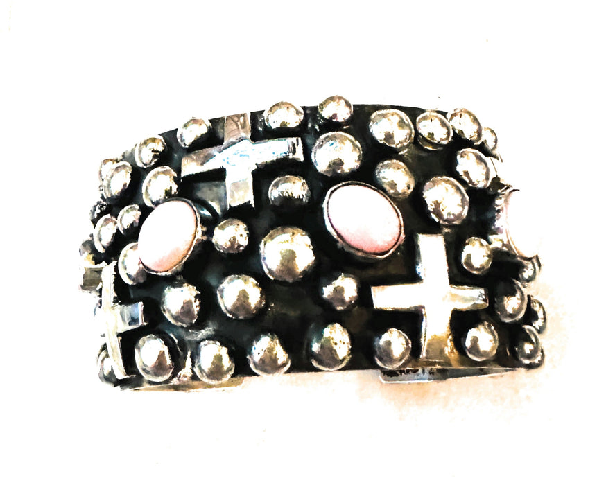 Navajo Sterling Silver & Queen Pink Conch Cross Cuff Bracelet By Chimney Butte