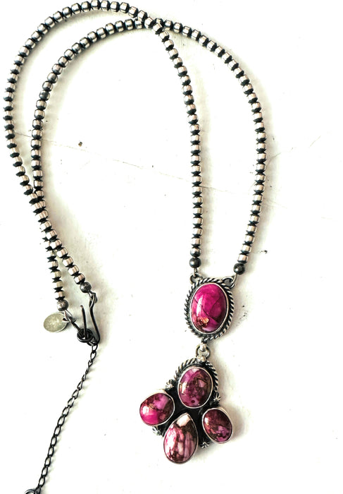 Navajo Pink Dream Mojave & Sterling Silver Pearl Beaded Lariat Necklace