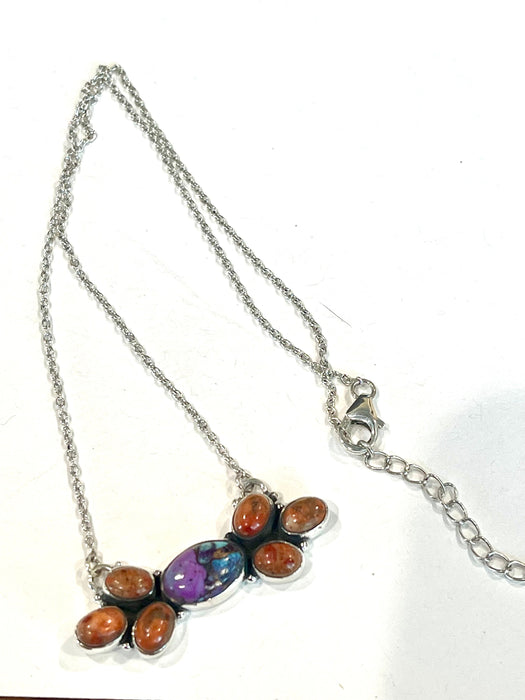 Handmade Sterling Silver, Purple Mojave & Orange Mojave Bar Necklace