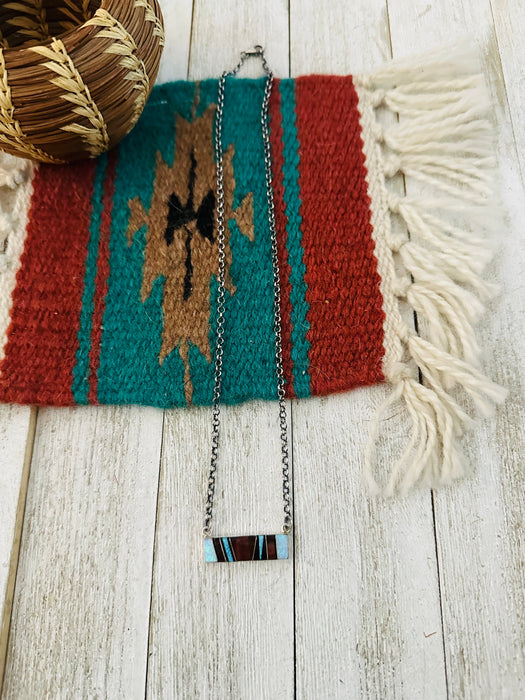 Navajo Multi Stone & Sterling Silver Inlay Bar Necklace