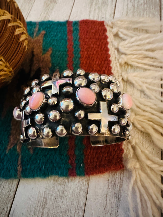 Navajo Sterling Silver & Queen Pink Conch Cross Cuff Bracelet By Chimney Butte