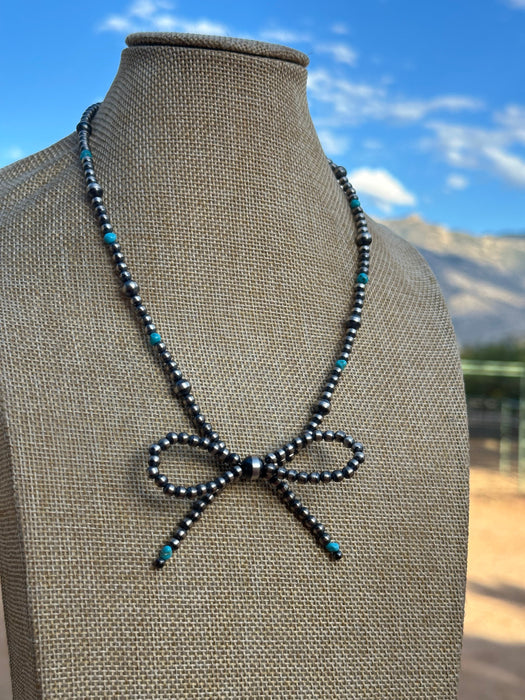 Navajo Made Sterling Silver & Turquoise  Pearl Beaded 3-5mm Bow Tie  Necklace 18 inches