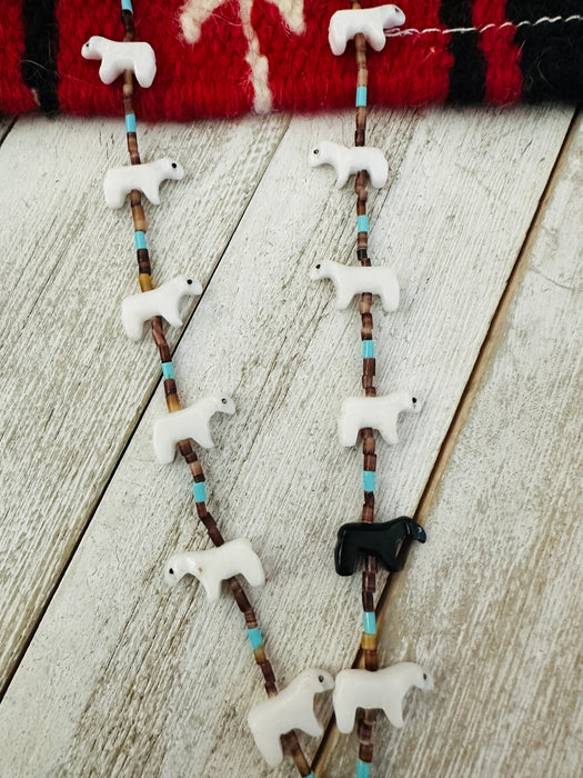 Zuni Multi Stone & Heishi Beaded Bear Fetish Necklace