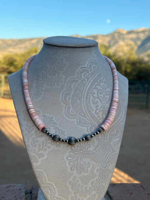 Handmade Pink Conch & Sterling Silver Beaded Necklace 18”-20” inch