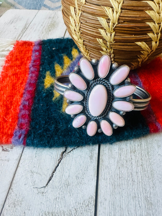 Navajo Queen Pink Conch Shell & Sterling Silver Cluster Cuff Bracelet