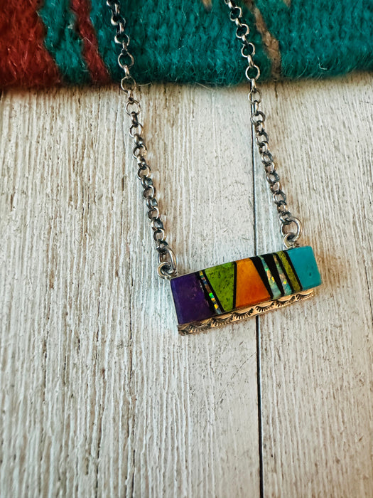 Navajo Multi Stone & Sterling Silver Inlay Bar Necklace