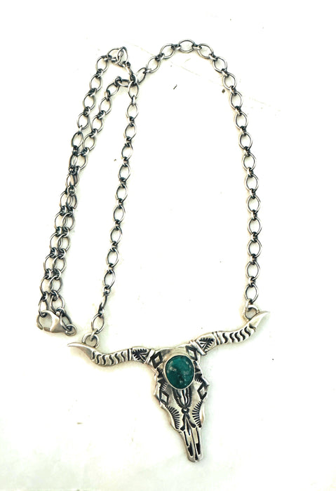 Navajo Sterling Silver & Turquoise Bullhead Necklace