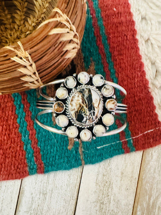 Navajo White Buffalo & Sterling Silver Cluster Cuff Bracelet