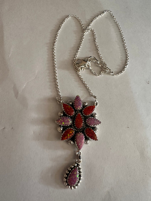 Blooming Cluster Handmade Sterling Silver & Pink & Red Fire Opal Necklace