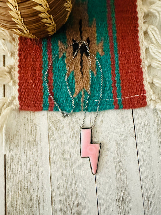 Navajo Sterling Silver & Queen Pink Conch Shell Lightning Bolt Necklace
