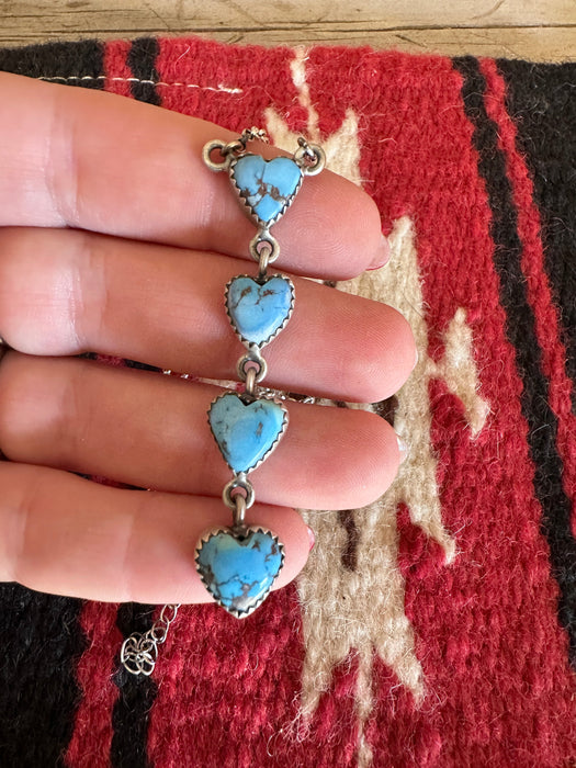 Beautiful Handmade Sterling Silver & Golden Hills Turquoise 4 Stone Drop Heart Necklace