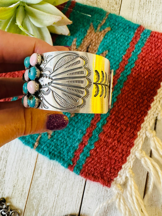 Navajo Sterling Silver, Queen Pink Conch & Turquoise Cuff Bracelet by Leroy James