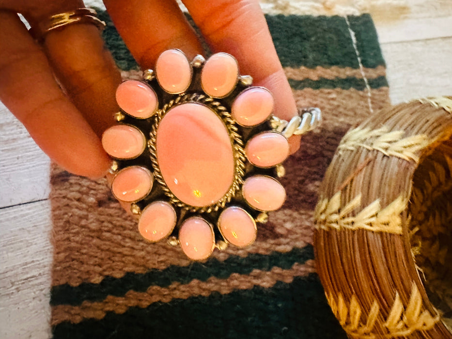 Navajo Queen Pink Conch Shell & Sterling Silver Cluster Cuff Bracelet