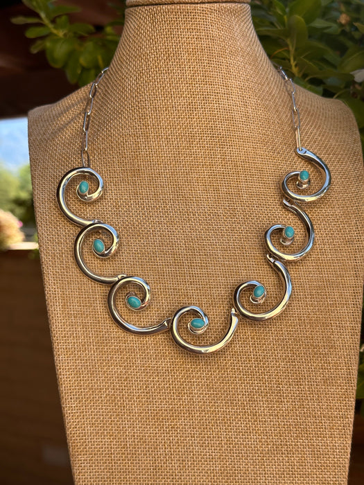 Navajo Made Sleeping Beauty Turquoise & Sterling Silver Swirl Necklace Set