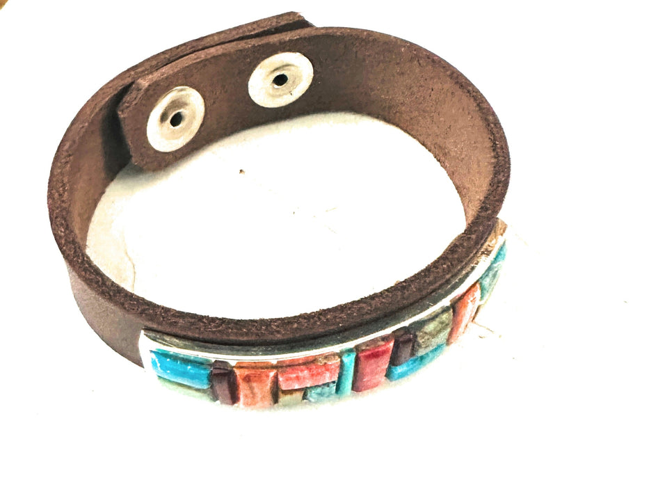 Navajo Multi Stone Inlay And Sterling Silver Leather Bracelet