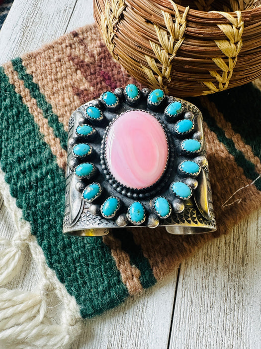 Navajo Sterling Silver, Turquoise & Queen Pink Conch Cuff Bracelet