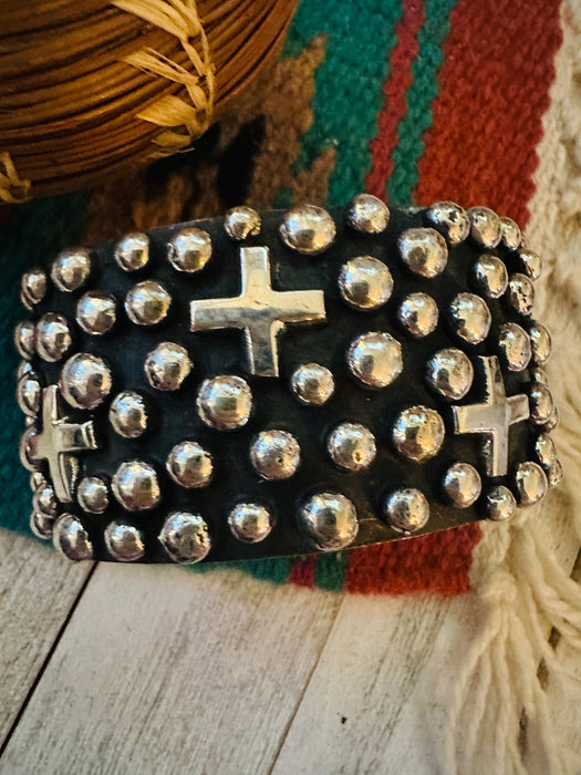 Navajo Hand Stamped Sterling Silver Cross Cuff Bracelet By Chimney Butte