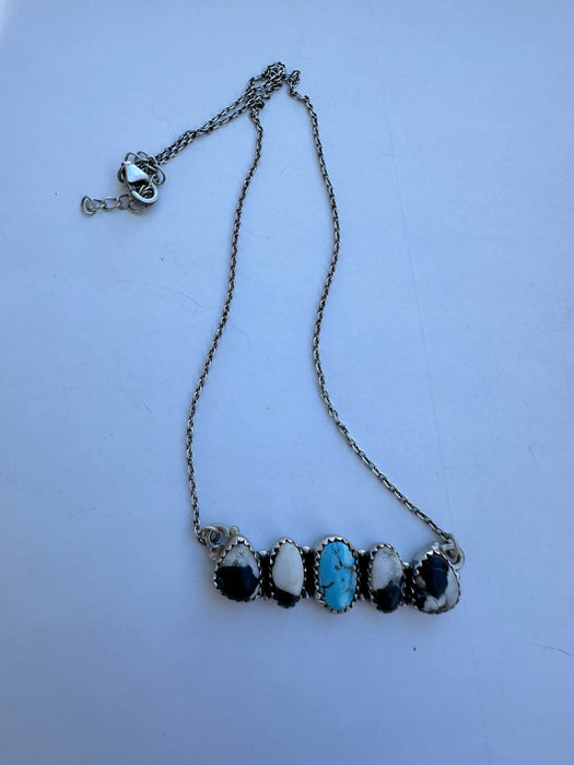 Handmade Sterling Silver, Golden Hills Turquoise & White Buffalo Bar Necklace