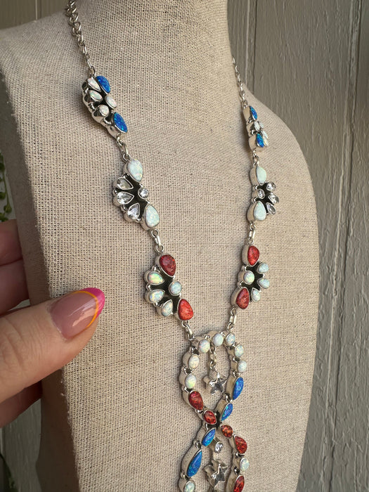 4th Of July Collection Handmade Sterling Silver & Red, White & Blue Fire Opal Statement Necklace