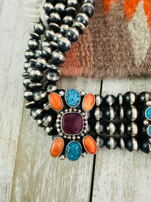 Navajo Spiny, Turquoise & Sterling Silver Beaded Choker Necklace