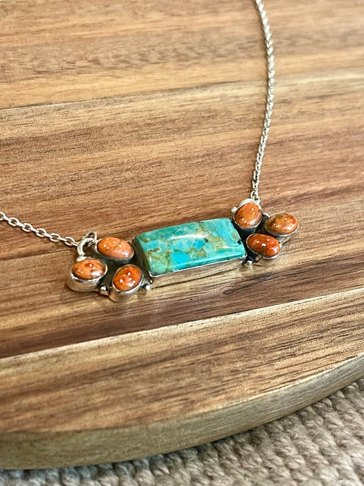 Handmade Sterling Silver,  Turquoise & Orange Mojave Bar Necklace