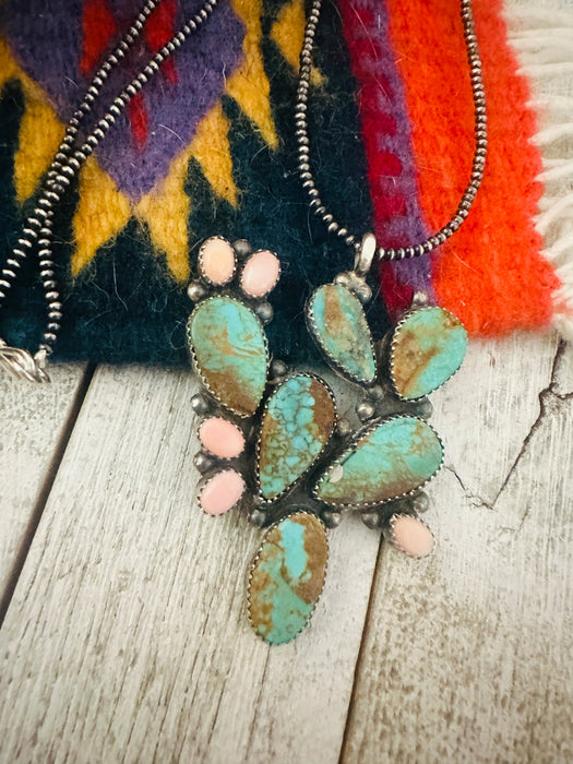 Navajo Sterling Silver, Royston Turquoise & Queen Pink Cactus Necklace