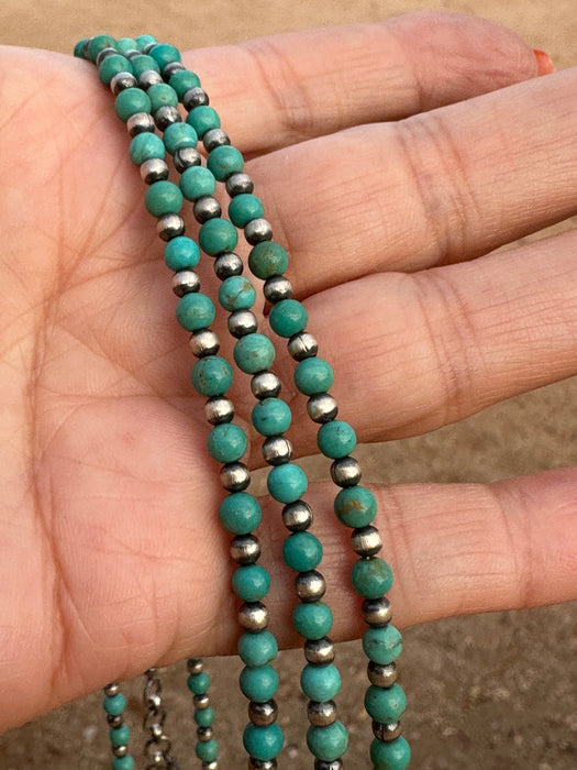 Handmade Kingman Turquoise and Sterling Silver Pearl Beaded Necklace 16” w/2 inch extender.