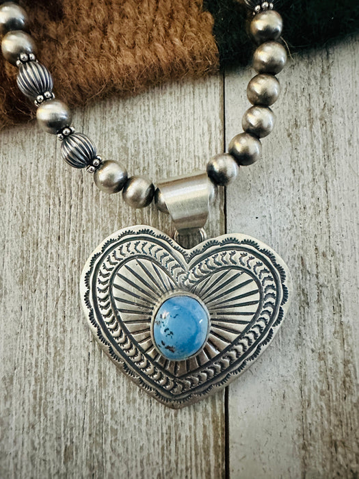 Navajo Golden Hills Turquoise & Sterling Silver Beaded Heart Necklace