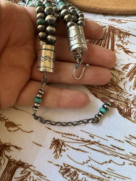 Beautiful Navajo Sterling Silver Beaded Turquoise Necklace With Pendant Signed Ella Peter