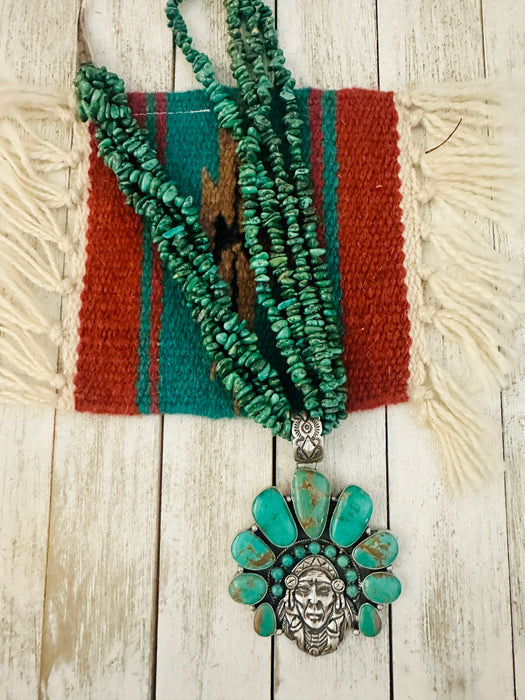 Stunning Navajo Sterling Silver & Turquoise Indian Chief Beaded Necklace