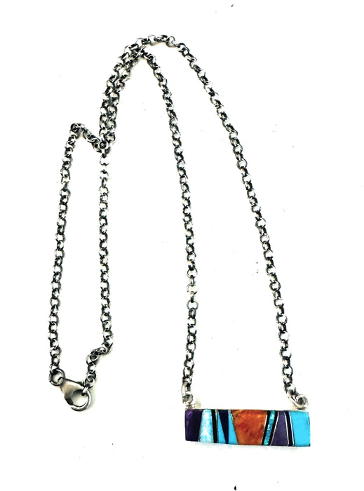 Navajo Multi Stone & Sterling Silver Inlay Bar Necklace