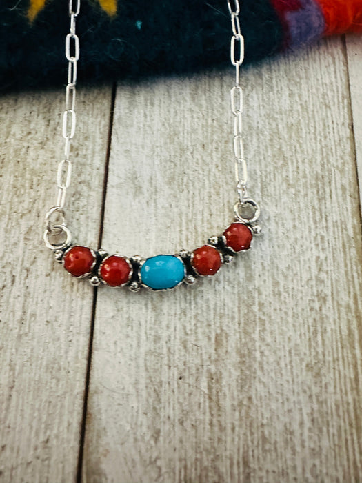 Navajo Coral, Turquoise & Sterling Silver Necklace