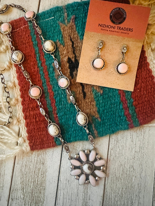 Navajo Queen Pink Conch, Wild Horse & Sterling Silver Necklace Set