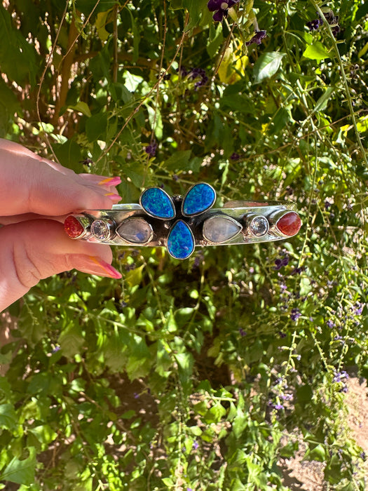 4TH OF JULY COLLECTION Handmade Sterling Silver, Red, White & Blue Fire Opal Adjustable Cuff Signed Nizhoni