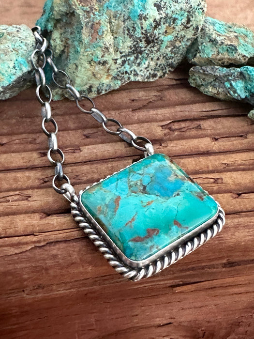 Navajo Alfred Martinez Sterling Silver & Kingman Turquoise Mojave Bar Necklace