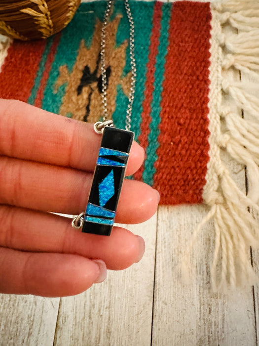 Navajo Opal, Onyx & Sterling Silver Inlay Bar Necklace