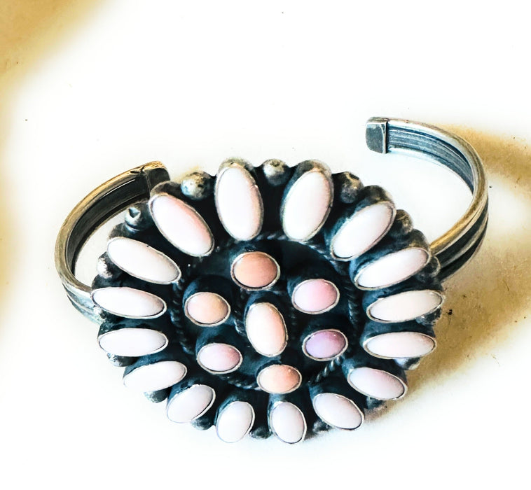 Navajo Queen Pink Conch Shell & Sterling Silver Cluster Cuff Bracelet