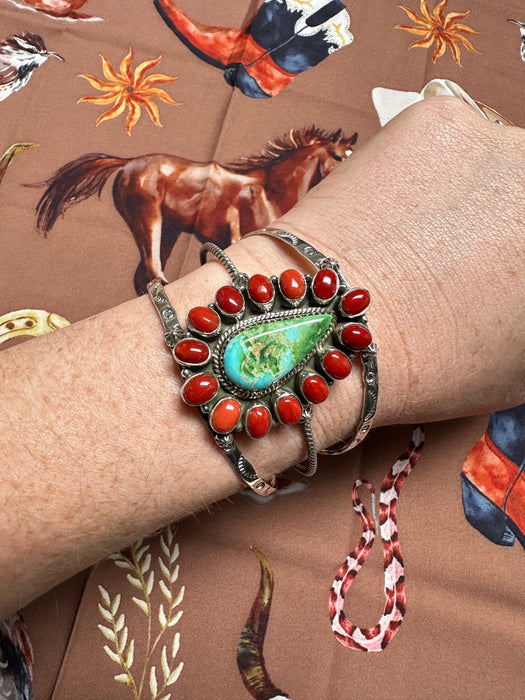 Handmade Sonoran Turquoise, Coral & Sterling Silver Cuff Bracelet Signed Nizhoni STYLE 6