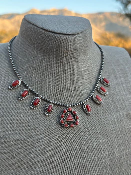 Handmade Beaded Coral & Sterling Silver Mini Squash Necklace