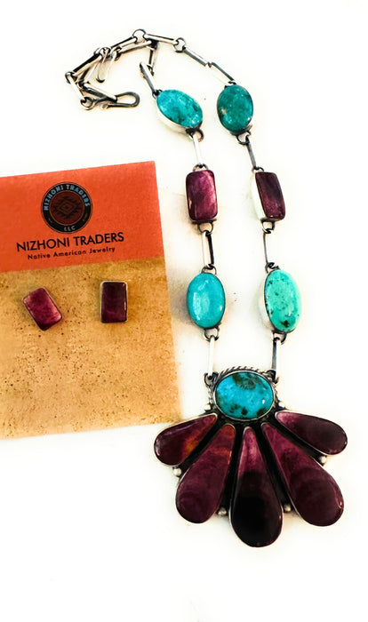 Navajo Sterling Silver, Spiny Oyster & Turquoise Necklace Set