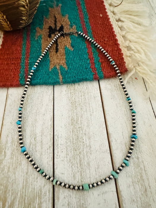 Navajo Sterling Silver Pearl & Turquoise Beaded Necklace 18”