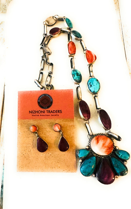 Navajo Sterling Silver, Spiny Oyster & Turquoise Necklace Set