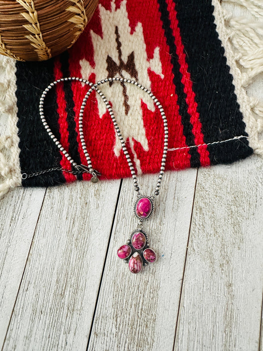 Navajo Pink Dream Mojave & Sterling Silver Pearl Beaded Lariat Necklace